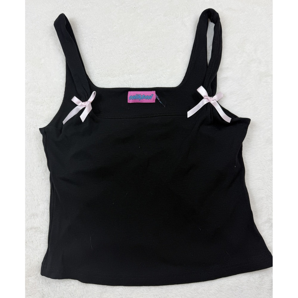 Edikted Black Ribbed Cropped Tank Top Small Pink Bows Square Neck